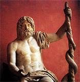 32 - ASCLEPIOS. El dios griego de la medicina, de acuerdo a la leyenda común. Fue hijo del dios de la salud, Apolo y de Coronis, hija del rey de Tesalia Flegias.